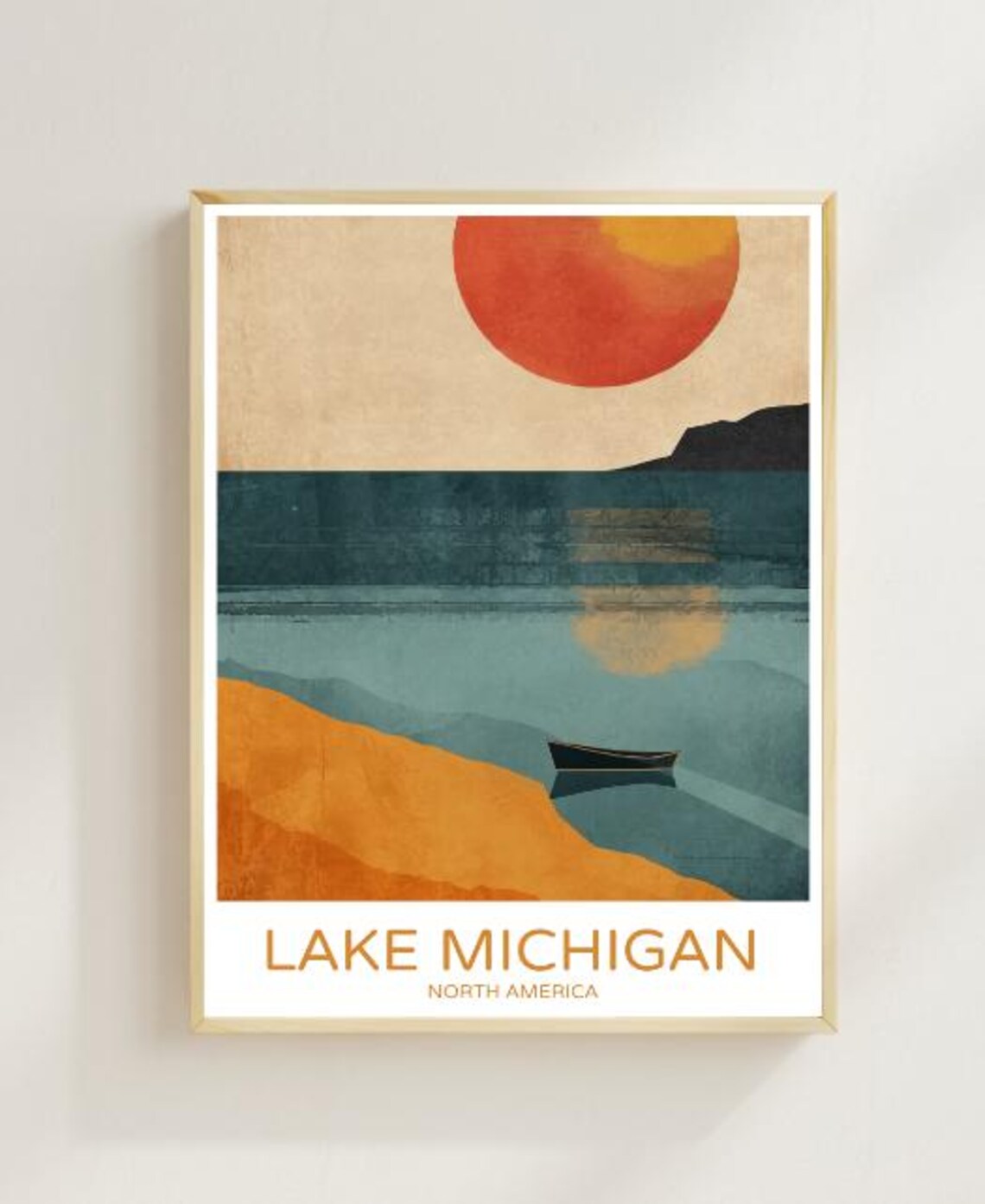 Golden Lake Michigan Sunset Boat Shoreline Nature Travel Poster