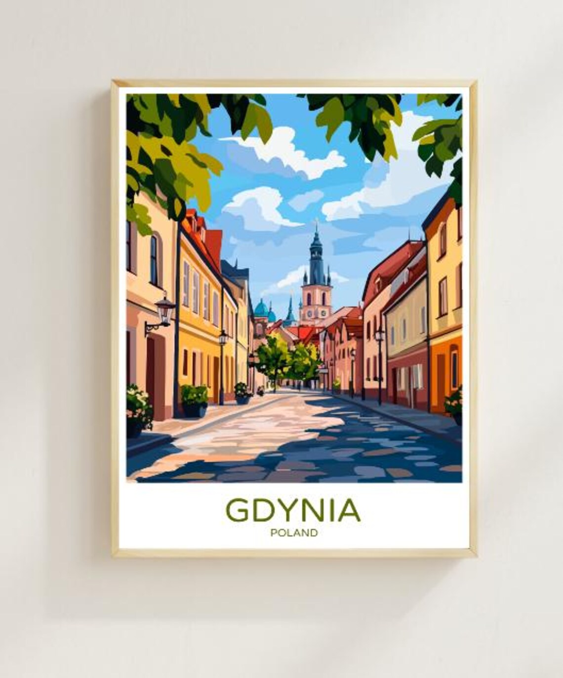 Gdynia Poland Travel Poster with a Historic Street and Church Towers