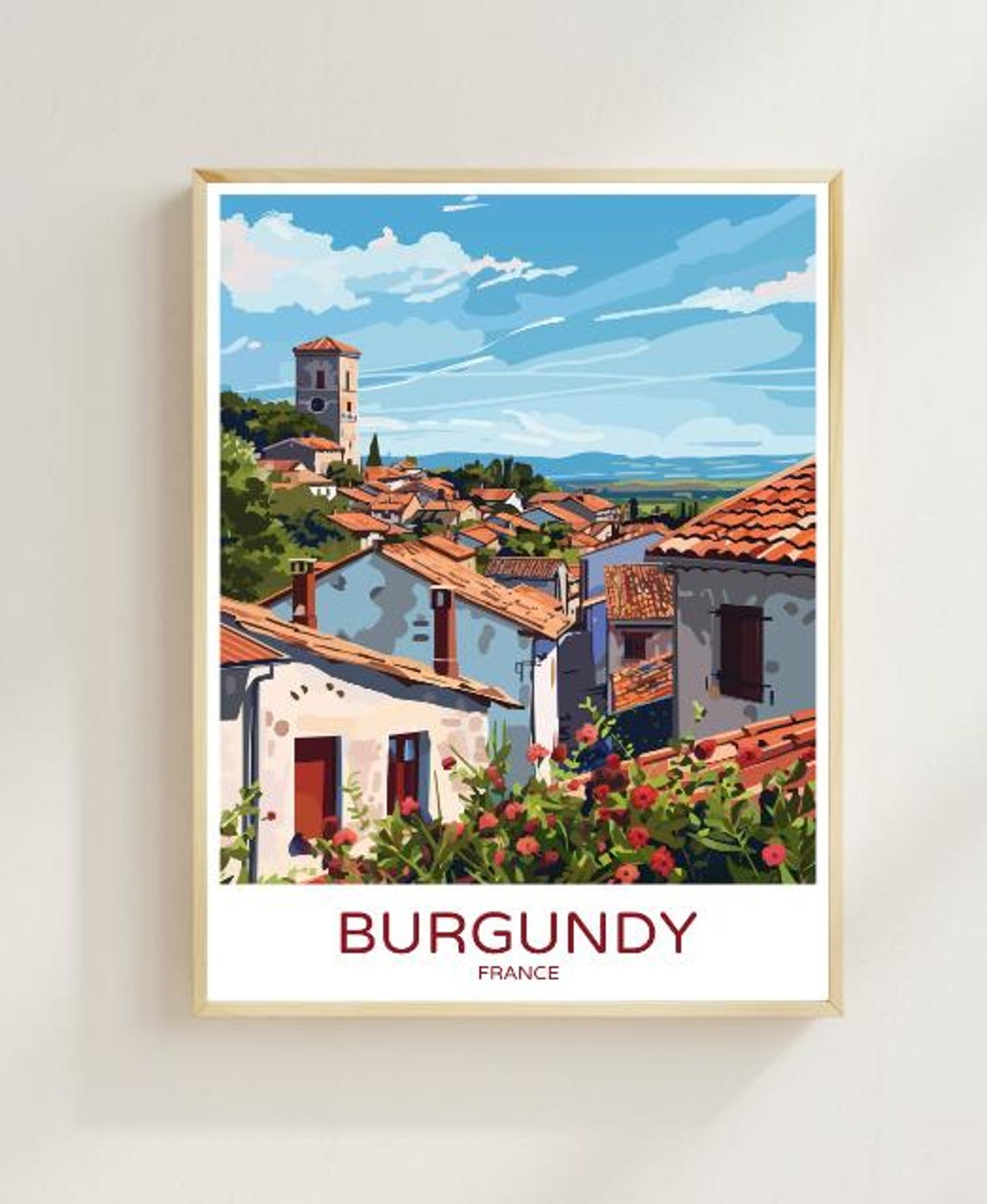 Burgundy France Travel Poster Scenic Vineyard Landscape Wall Art Wine Region View Print French Countryside Decor