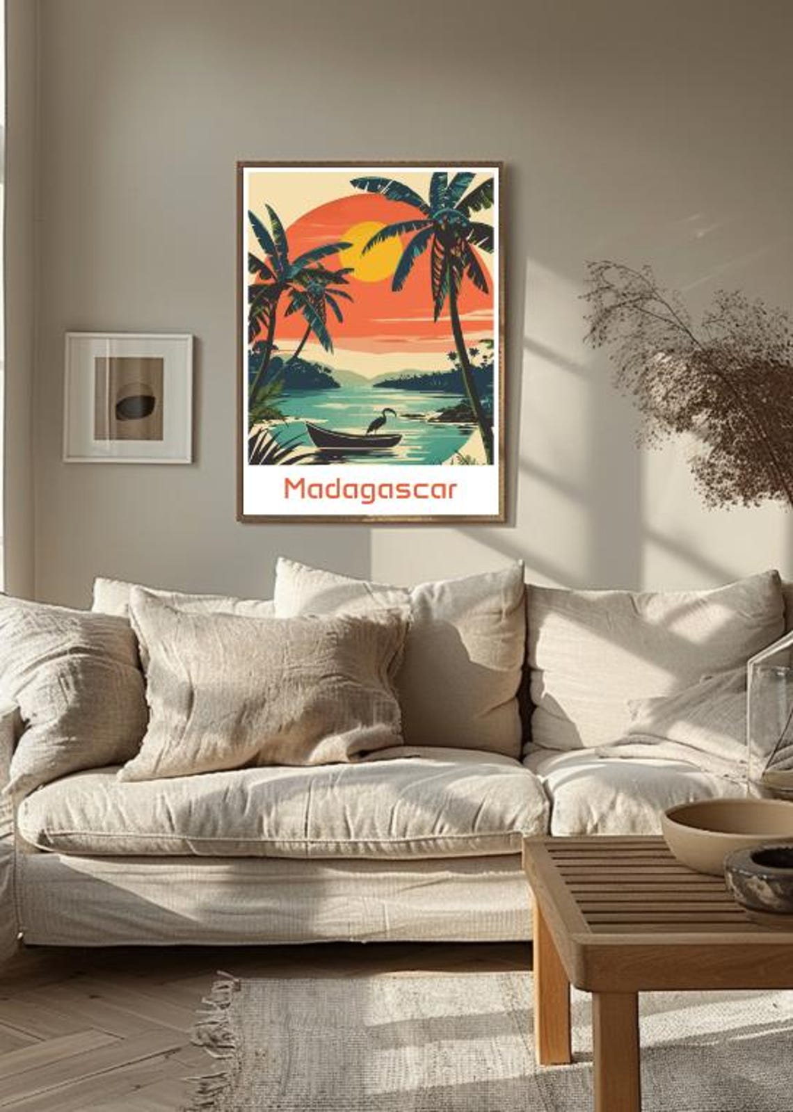 Serene Madagascar Tropical Sunset Beach With Palms And Canoe Print - Image 3