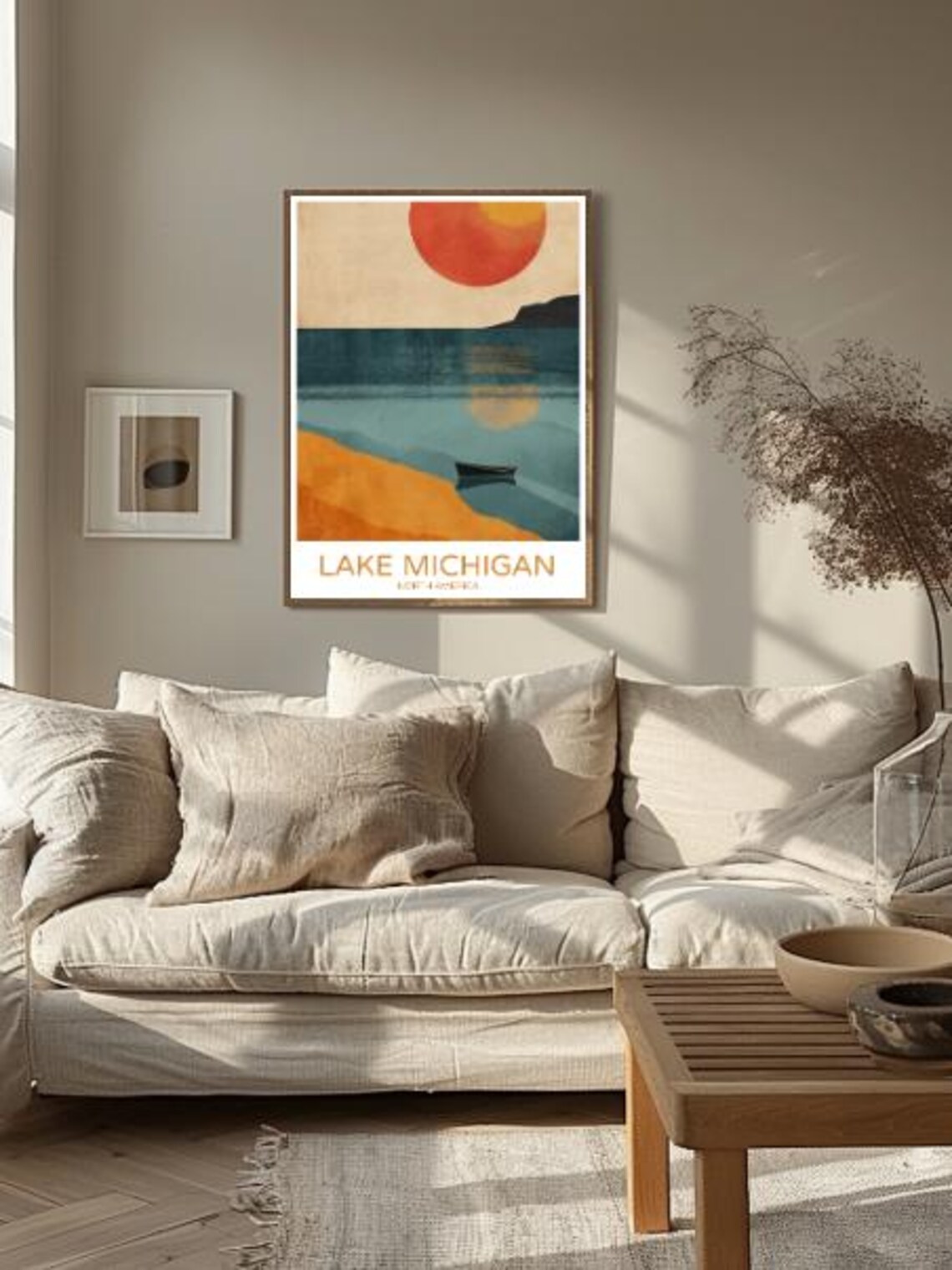 Golden Lake Michigan Sunset Boat Shoreline Nature Travel Poster - Image 2