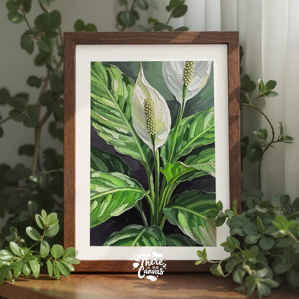 White Peace Lily Blooms Textured Oil Painting Botanical Poster