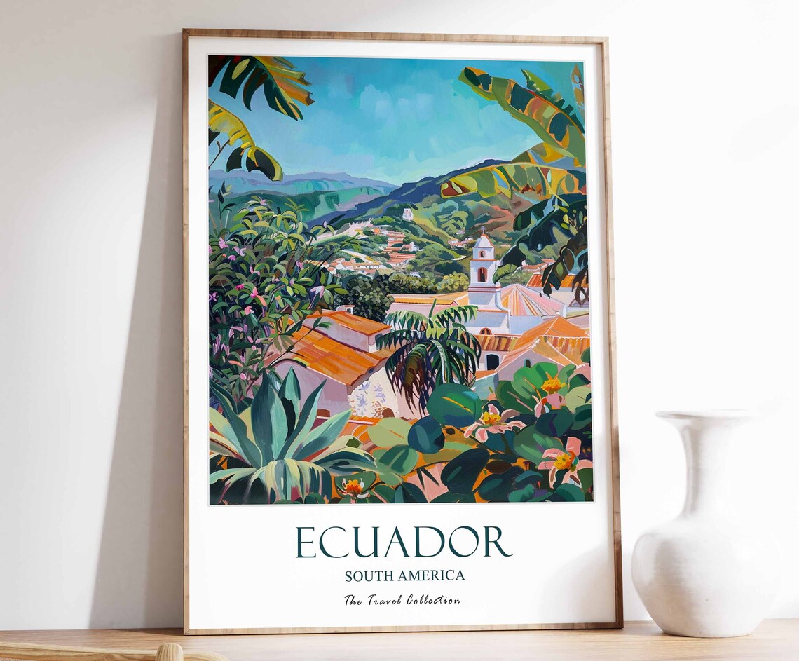 Ecuador South America Lush Tropical Village Church Travel Poster