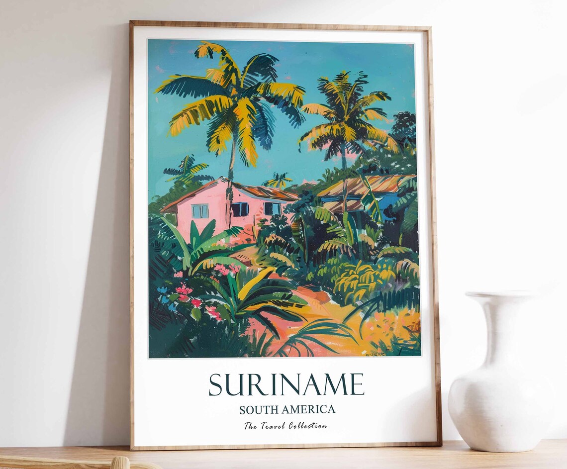 Suriname Tropical Palms And Pink House Travel Collection Poster