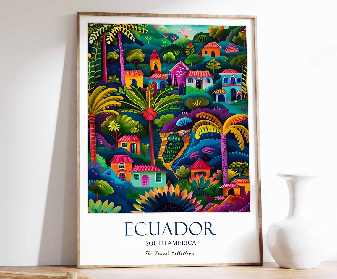 Ecuador South America Jungle Village Colorful Folk Art Poster