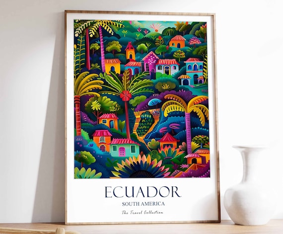 Ecuador South America Jungle Village Colorful Folk Art Poster