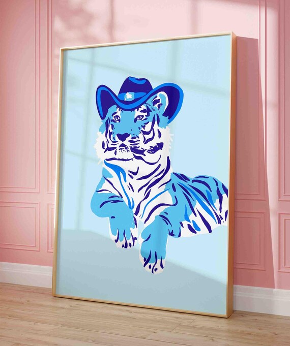Blue Cowboy Hat Tiger Portrait Pop Art Maximalist Animal Poster