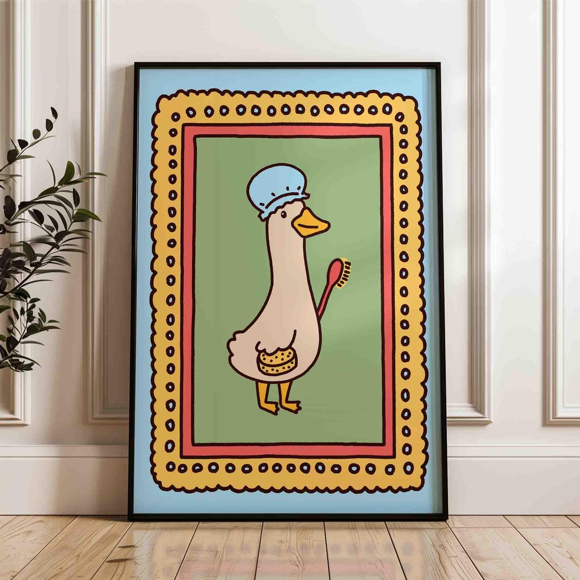Duck in Bath Shower Cap Retro Cartoon Funny Bathroom Decor Poster