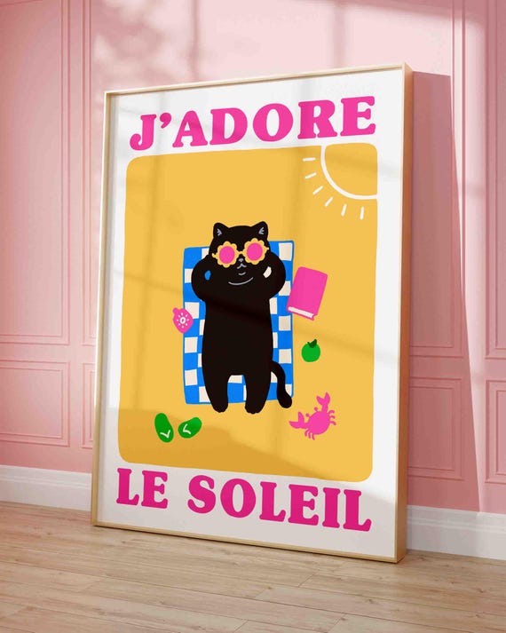 Cat Jadore Le Soleil Print Funny On The Beach Poster Funky Wall Art Kitten Coastal Gallery Cute Summer