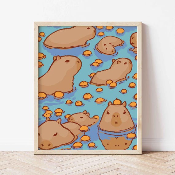 Capybaras Swimming Print Bath Time Poster Cute Bathroom Art Trendy Capybara Bathing Unframed Shipped Wall