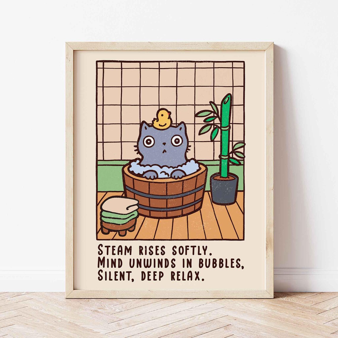Grey Cat In Onsen Bath With Duck Steam Rises Softly Relax Art Poster