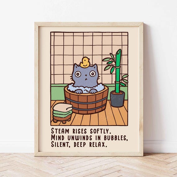Grey Cat Bathing Poster Minimalism Retro Japandi Print Lovers Gift Japanese Style Funny Kitten In An Onsen Bath Wall Art