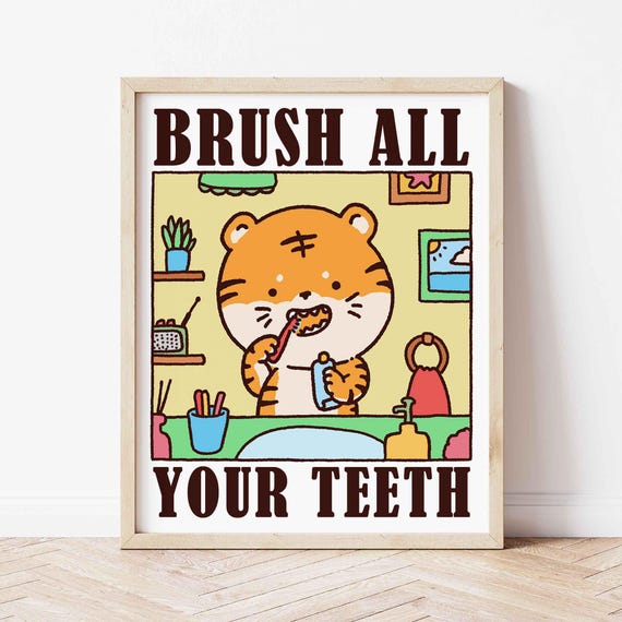 Brush Your Teeth Tiger Poster Cute Bathroom Wall Art Wash Room Decor Childrens Washing Up Print Kawaii Shipped