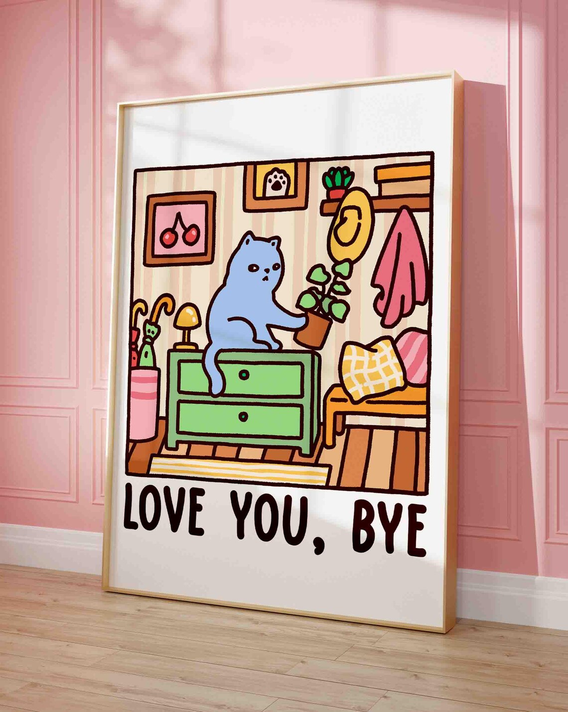 Grey Cat Love You Bye Sweet Kawaii Illustration Quote Poster