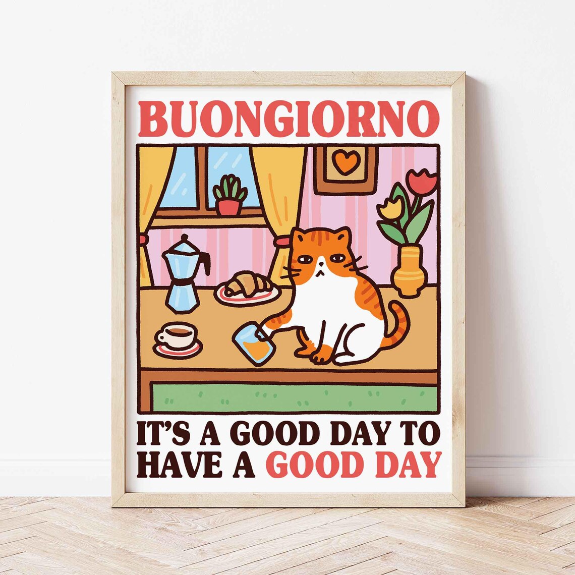 Orange Cat Buongiorno Good Day Quote Retro Kitchen Art Poster