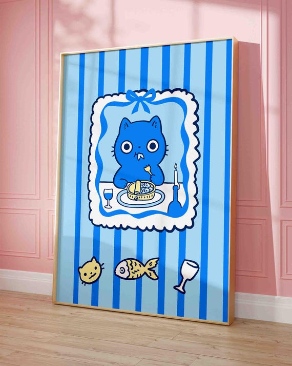 Cat With Tin Of Sardines Print Funny Mom Wall Art Blue Striped Shipped Kitten Artwork Owner Gift