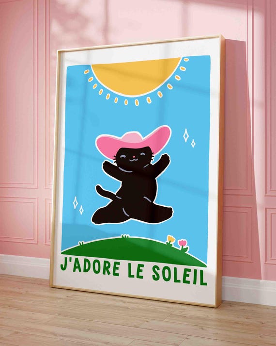 Cat Jadore Le Soleil Print Funny On The Beach Poster Funky Wall Art Kitten Coastal Gallery Cute Summer