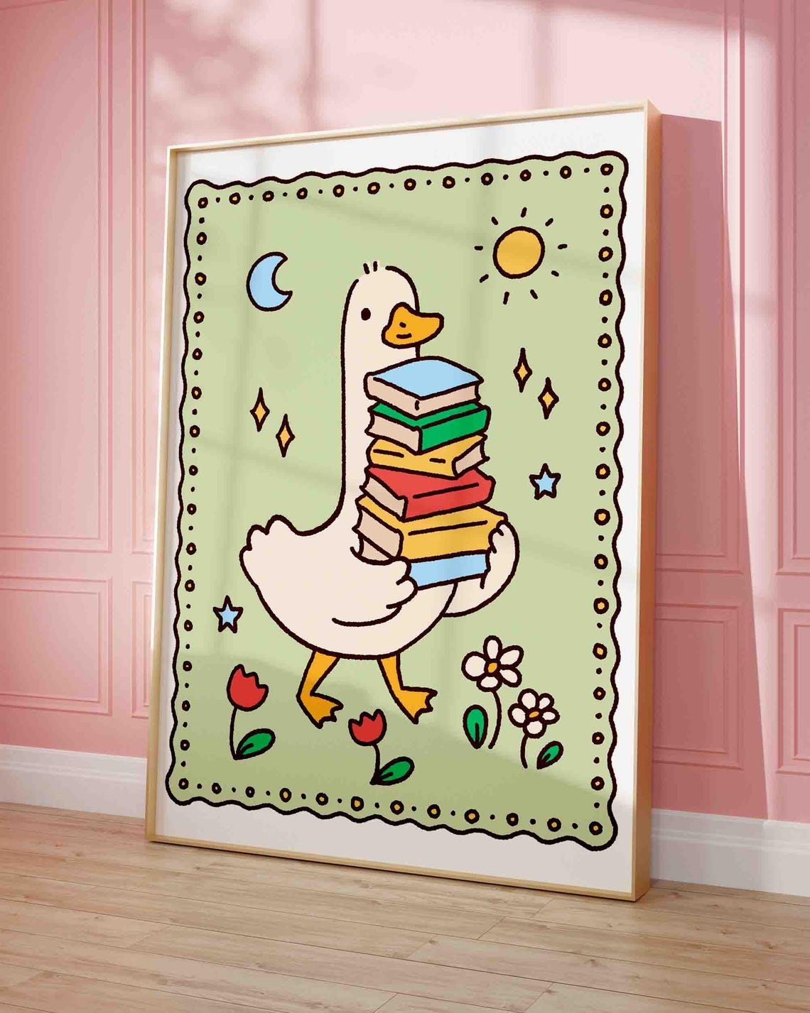 Silly Goose Carrying Stack of Books Cute Doodle Kids Room Poster