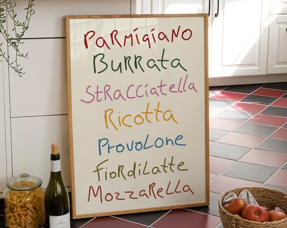 Retro Italian Cheese Names Print Trendy Colorful Typography Art Print Aesthetic Preppy Wall Art Funny Apartment Decor Cheese Lover Gift