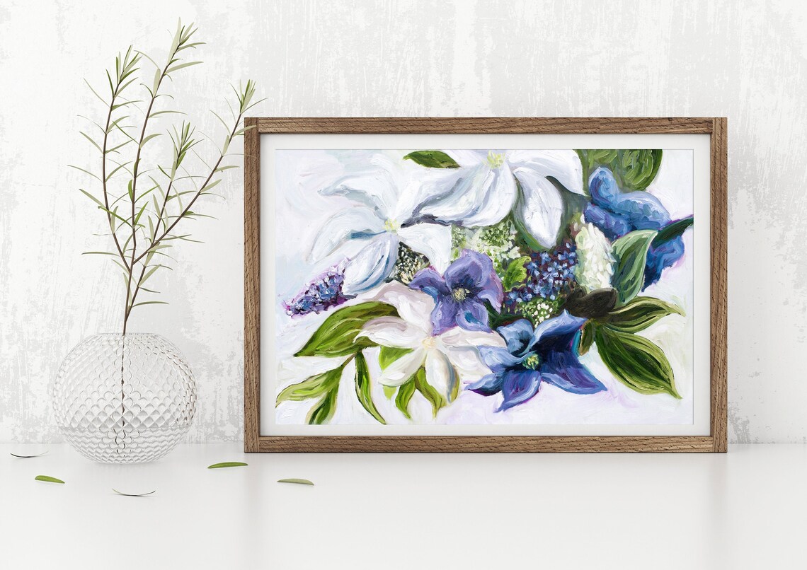 White Purple Lily Blossoms Green Leaves Botanical Painting Poster