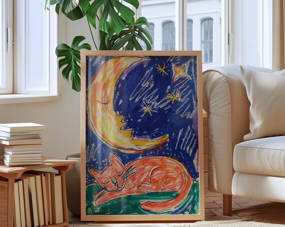 Sleeping Orange Cat Under Crescent Moon Night Sky Cat Poster