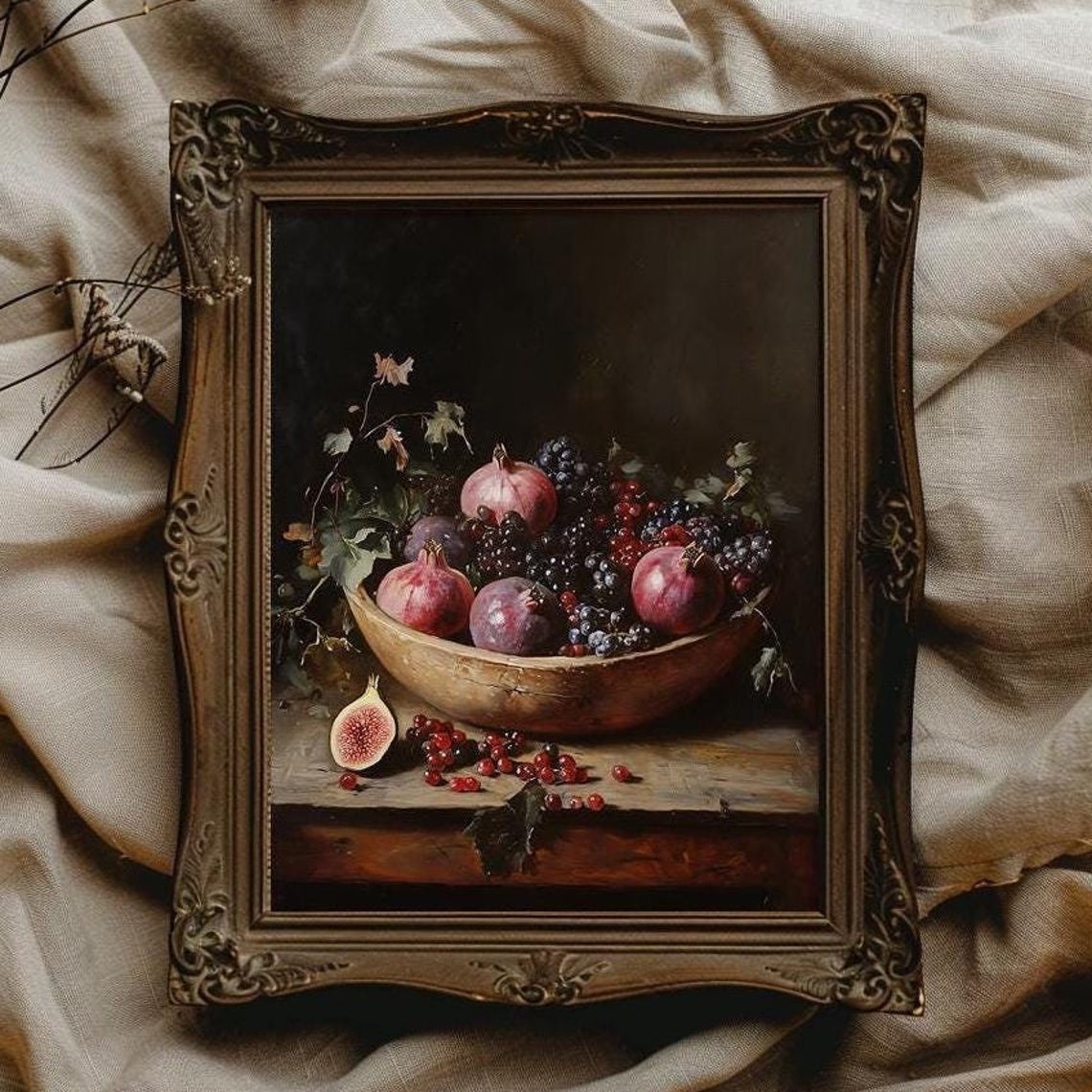 Dark Academia Kitchen Wall Art Vintage Pomegranate Dark Cottagecore Kitchen Decor Moody Wall Art Dark Fruit Painting Pomegranate
