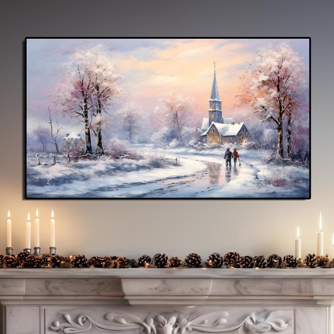 Snowy Village Church at Sunset Winter Landscape Christmas Wall Art