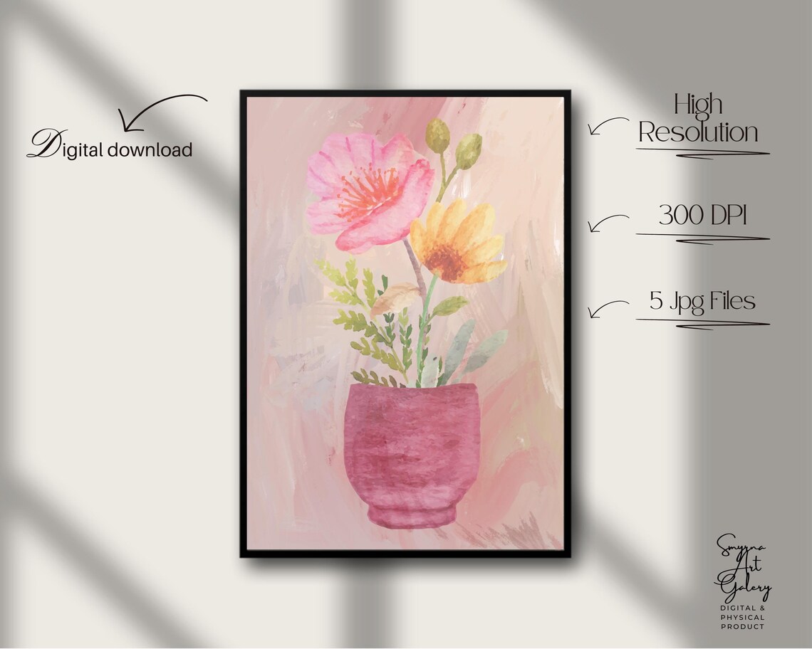 Delicate Watercolor Flower Vase Pink Bloom Pastel Floral Wall Art