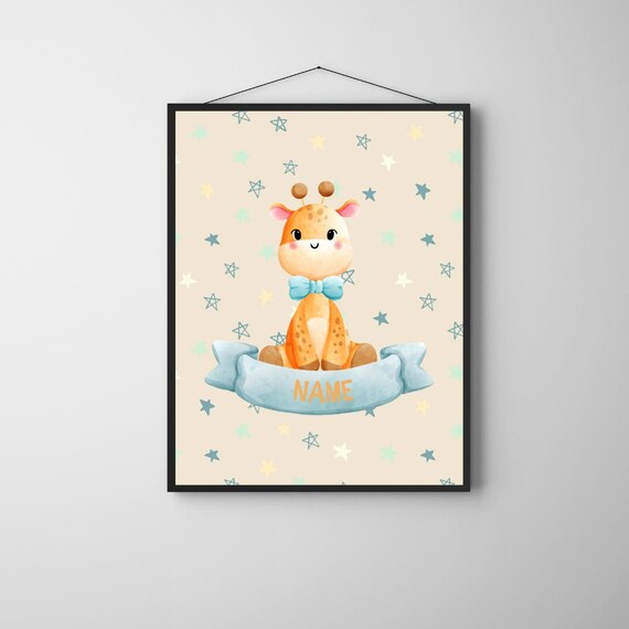 Personalized Baby Giraffe Name Poster Watercolor Nursery Star Decor