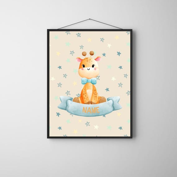Personalized Giraffe Name Print Custom Nursery Wall Art With Stars Cute Animal Decor For Baby Room Or Shower Gift