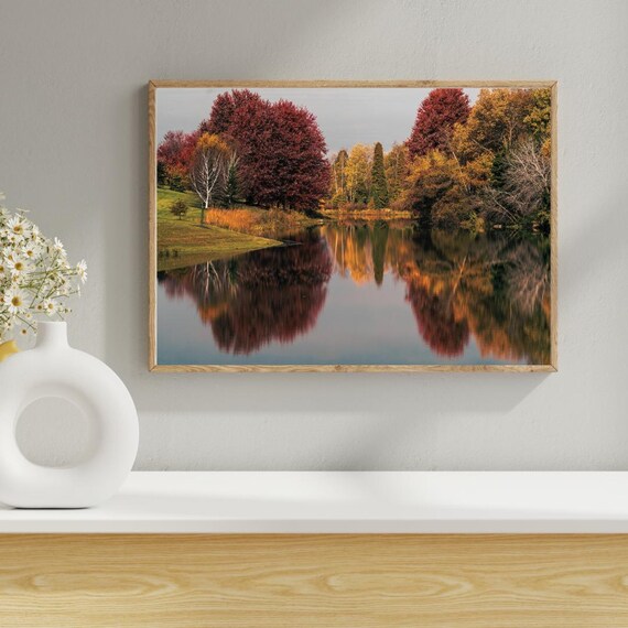 Autumn Lake Reflection Fall Foliage Mirror Calm Water Nature Photo Poster