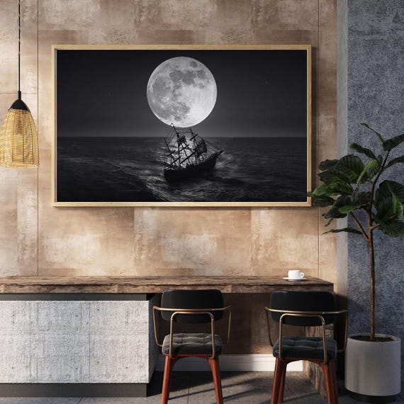 Full Moon Ship Wall Art Black And White Ocean Minimal Landscape Jpg Haunted Sea Decor Gale
