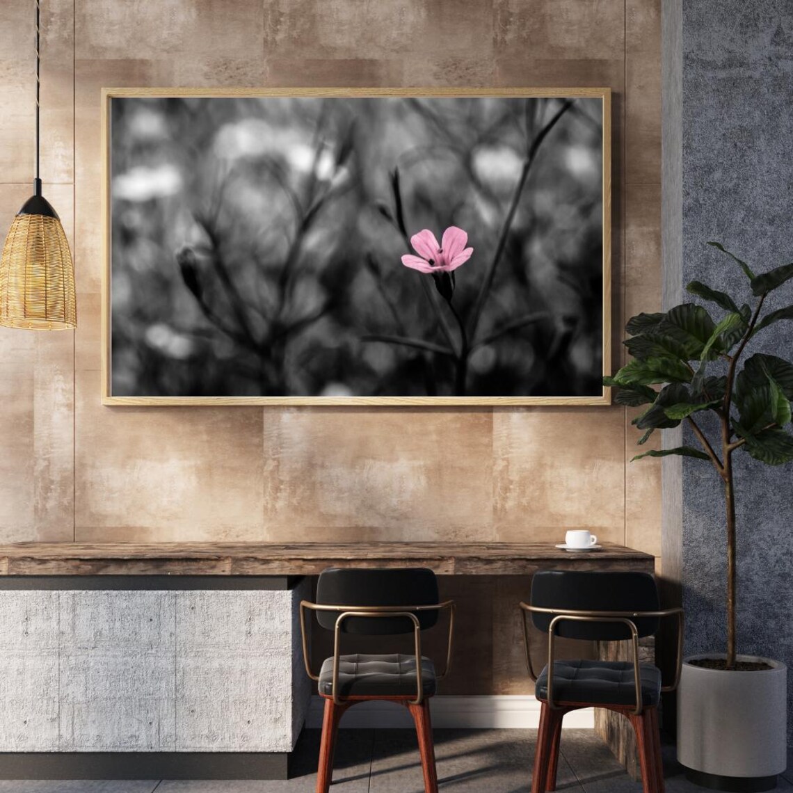 Pink Flower Black and White Minimalist Nature Photo Wall Art