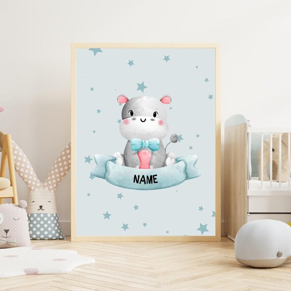 Personalized Blue Hippo Nursery Poster With Bow Tie And Custom Name Art