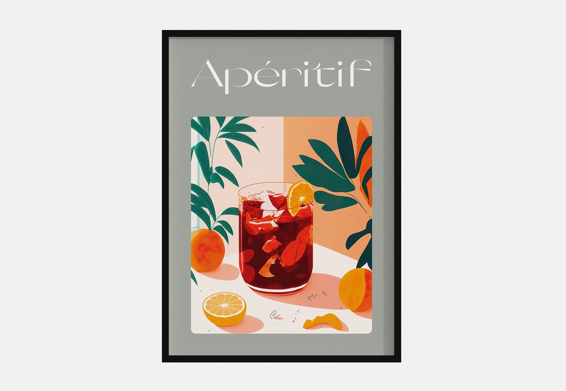 Aperitif Cocktail Red Drink Citrus Botanical Kitchen Art Poster