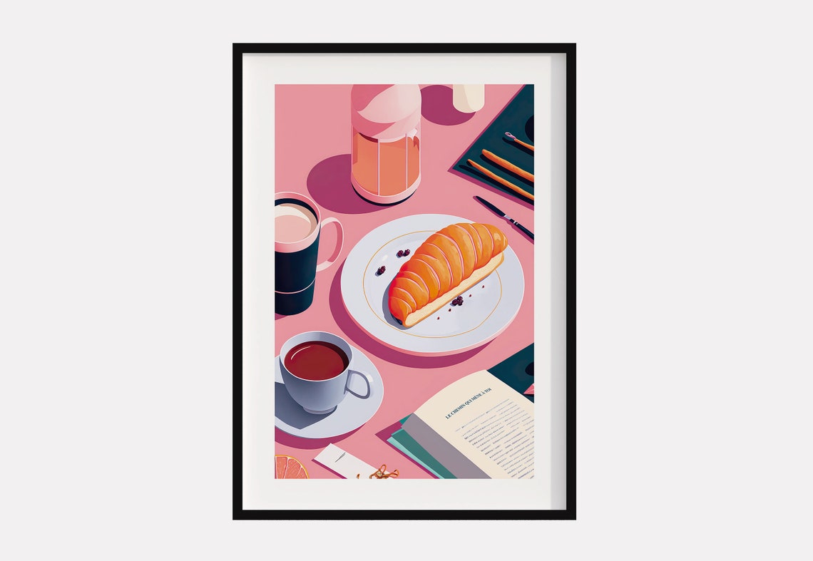 French Breakfast Croissant Coffee Pink Table Kitchen Art Poster