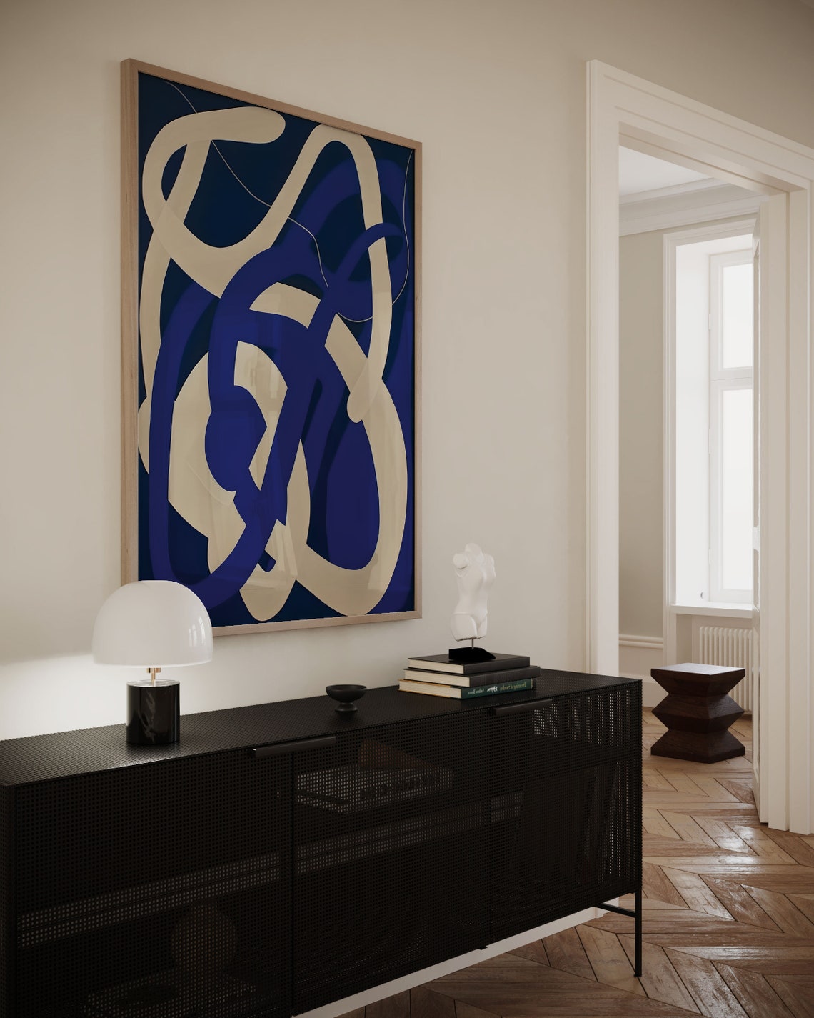 Blue and Beige Continuous Line Abstract Swirls Modern Art Poster - Image 2