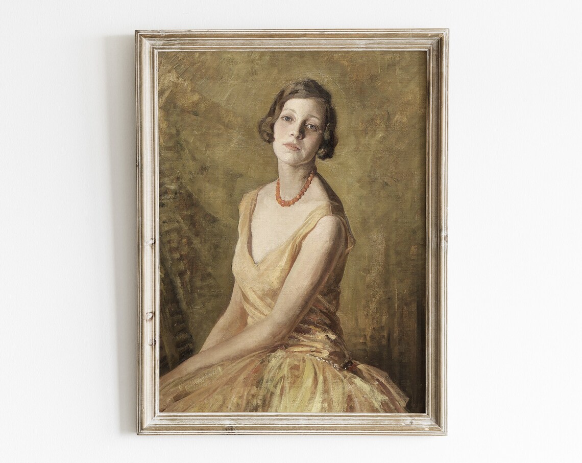 Woman in Gold Dress Coral Necklace Vintage Portrait Painting Poster