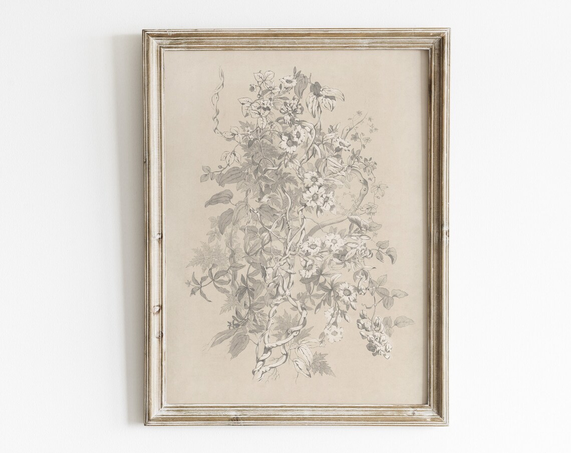 Vintage Floral Sketch Botanical Art Print, Antique