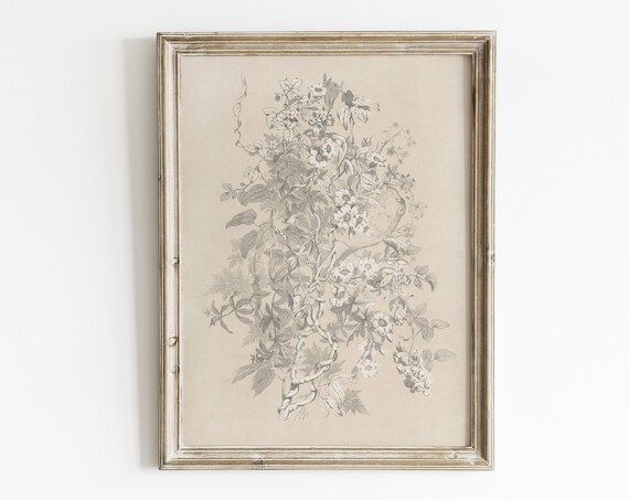 Vintage Floral Sketch Botanical Art Print, Antique