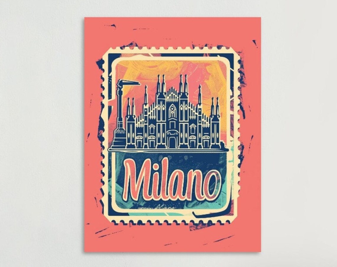 Milan Duomo Silhouette Pink Grunge Vintage Stamp Italy Travel Poster