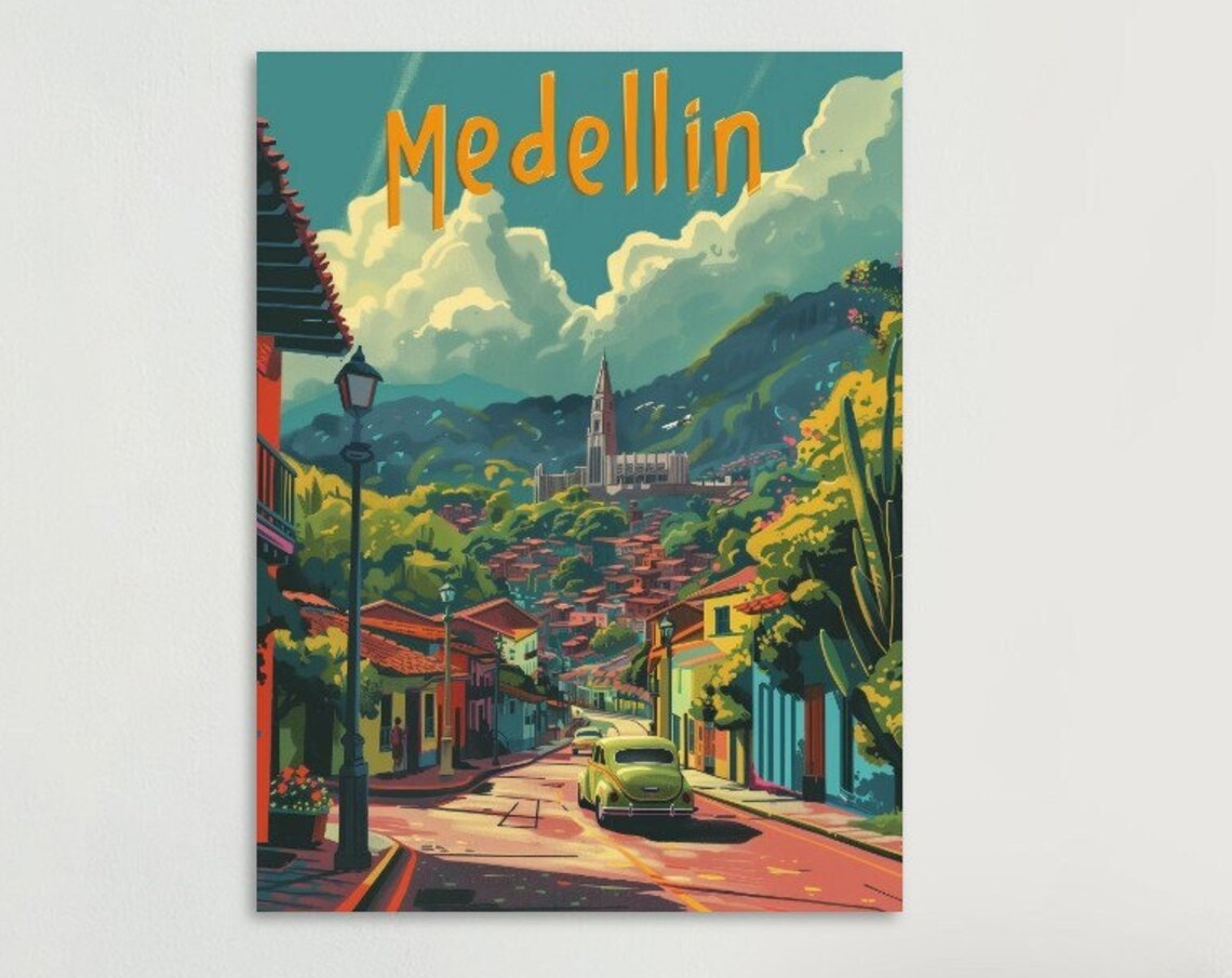 Medellin Vintage Car Street Mountain Town Colombia Poster Art