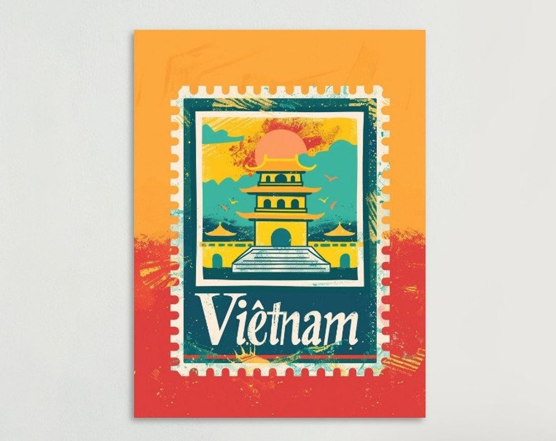 Vietnam Golden Pagoda Tower Sunset Retro Stamp Style Travel Poster