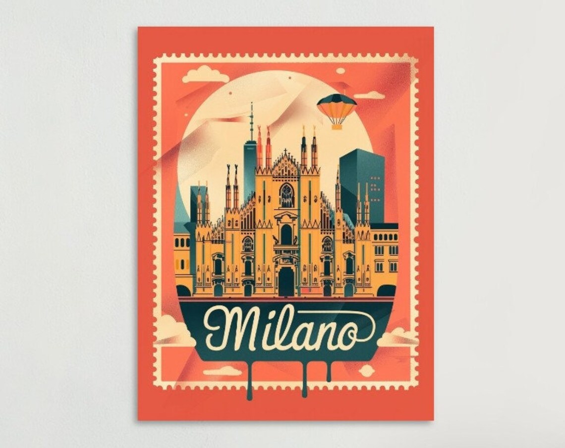 Milan Duomo Cathedral Retro Stamp Style Coral Italy Travel Poster