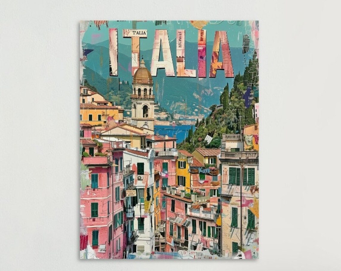 Italia Coastal Hill Town Church Tower Newsprint Letters Travel Poster