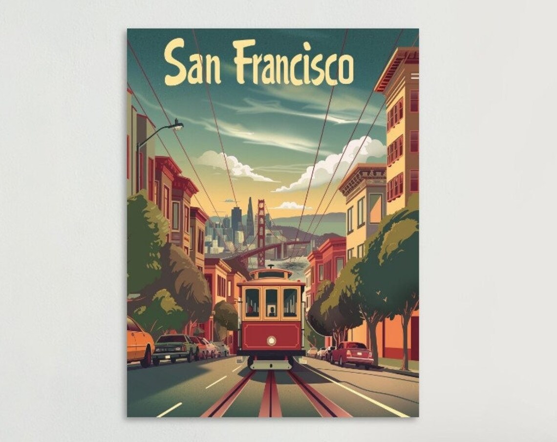 San Francisco Cable Car Street Golden Gate Vintage Travel Poster