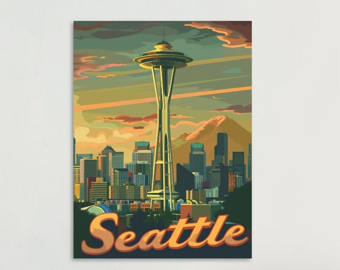 Seattle Space Needle Sunset Skyline Retro Washington Poster Art