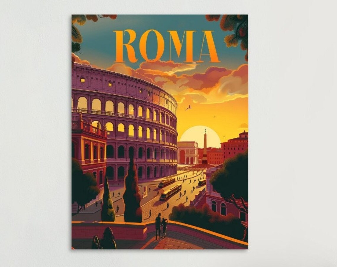 Roma Colosseum Sunset Vintage Italian Historic Iconic City Poster