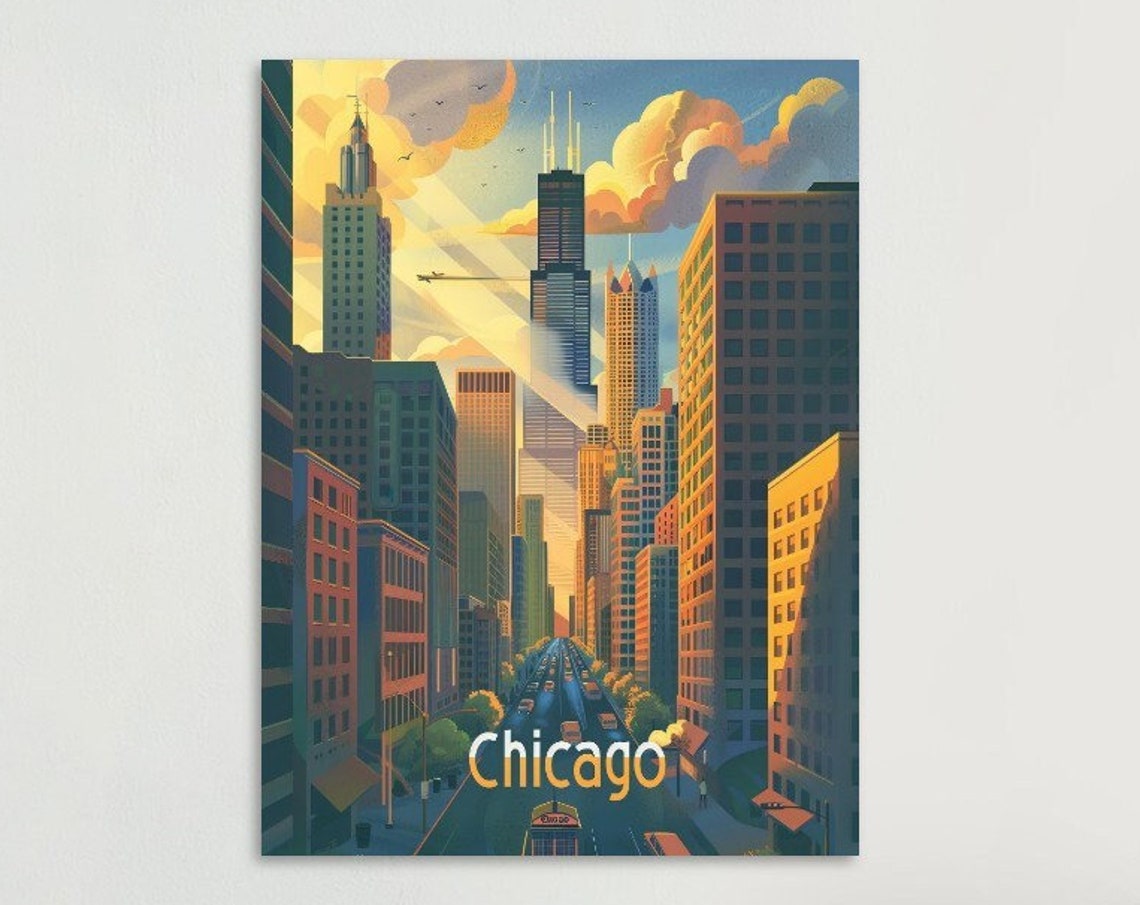 Chicago Downtown Willis Tower Sunset Retro Illinois Poster Art