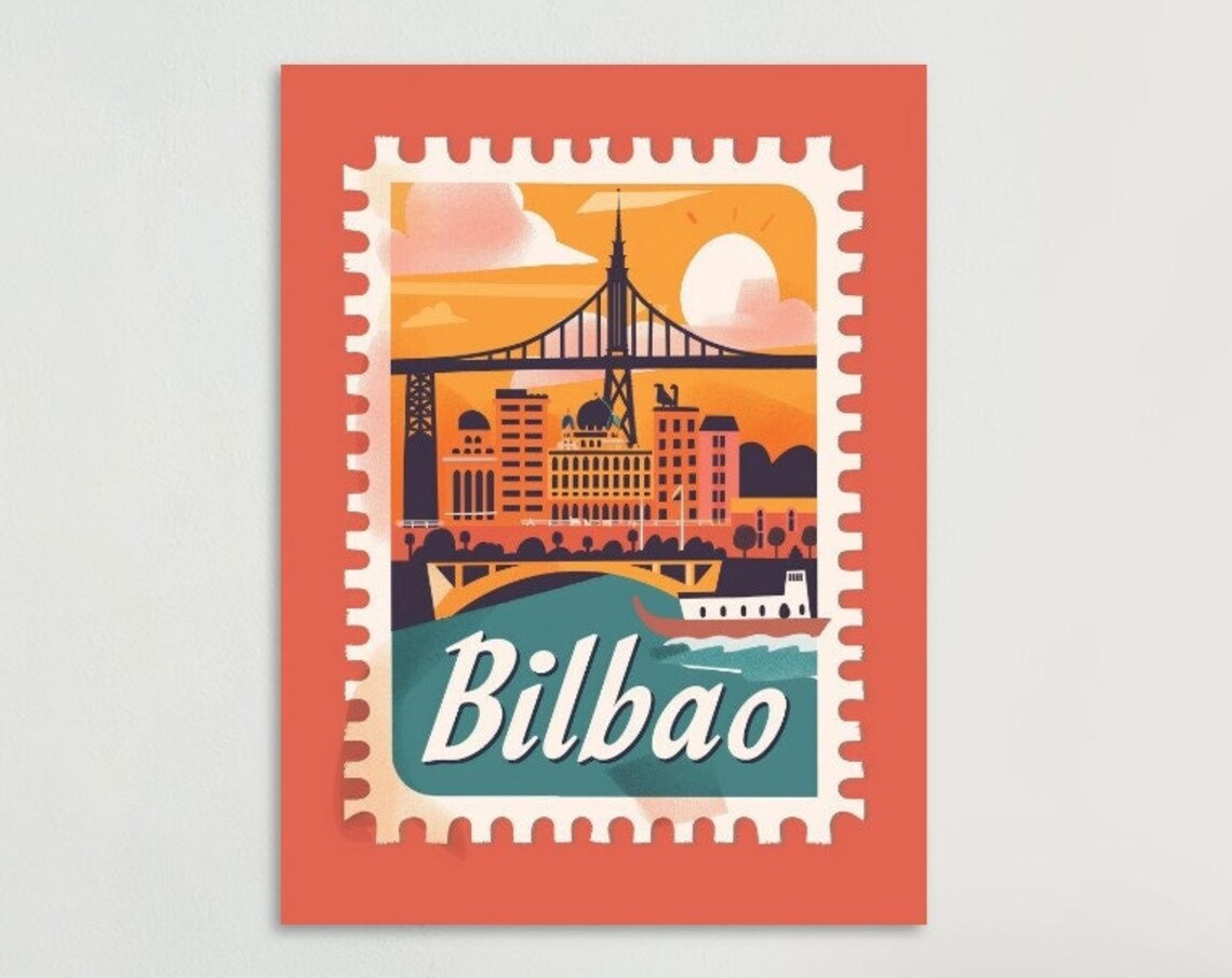 Bilbao Spain River Bridge Skyline Retro Stamp Travel Art Poster